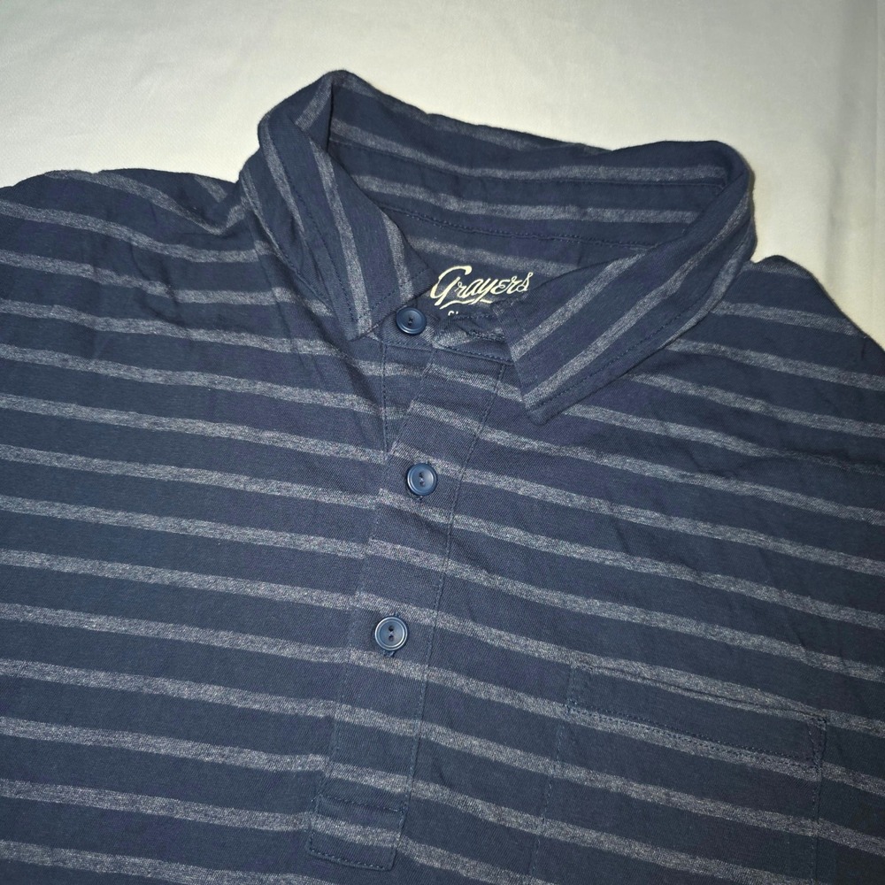 Grayers Clothiers Mens Striped Polo Shirt Navy Blue Grey Cotton‎ Blend Large